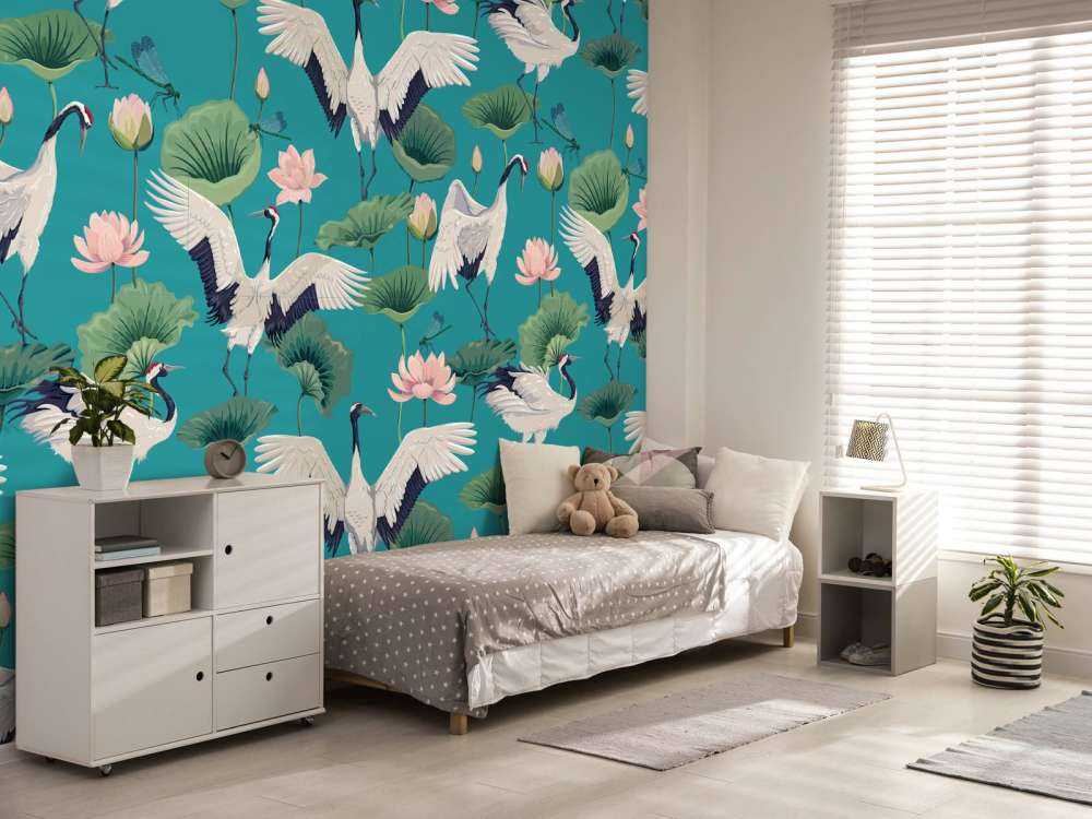 Witte kraanvogels, donkerblauw