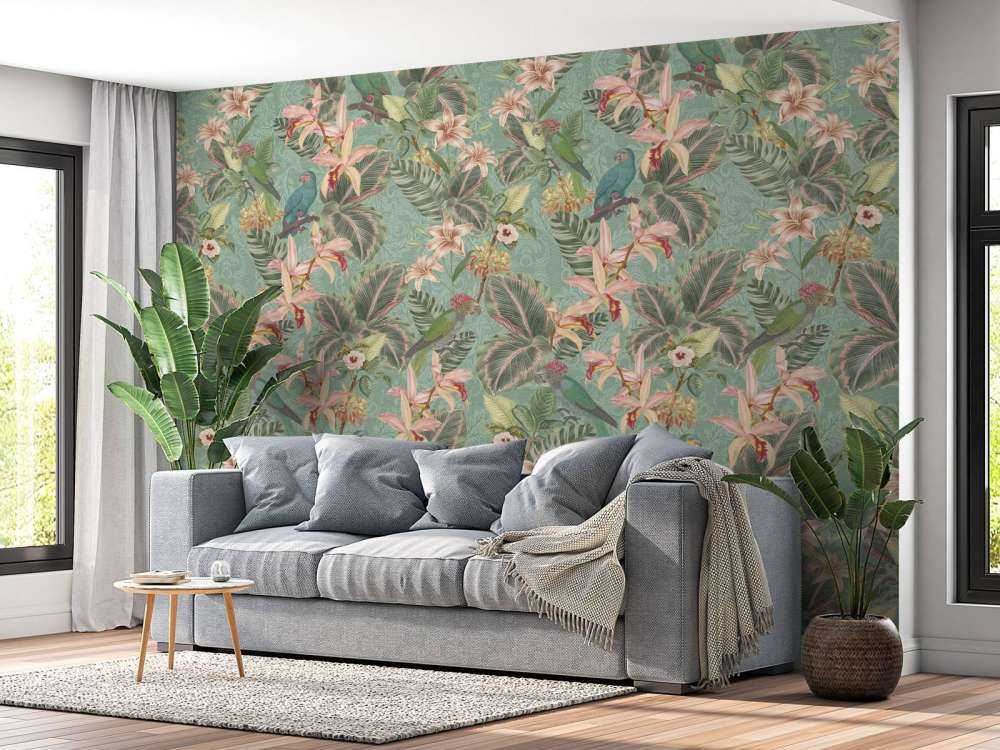 Tropical Jungle birds & parrots - mint green