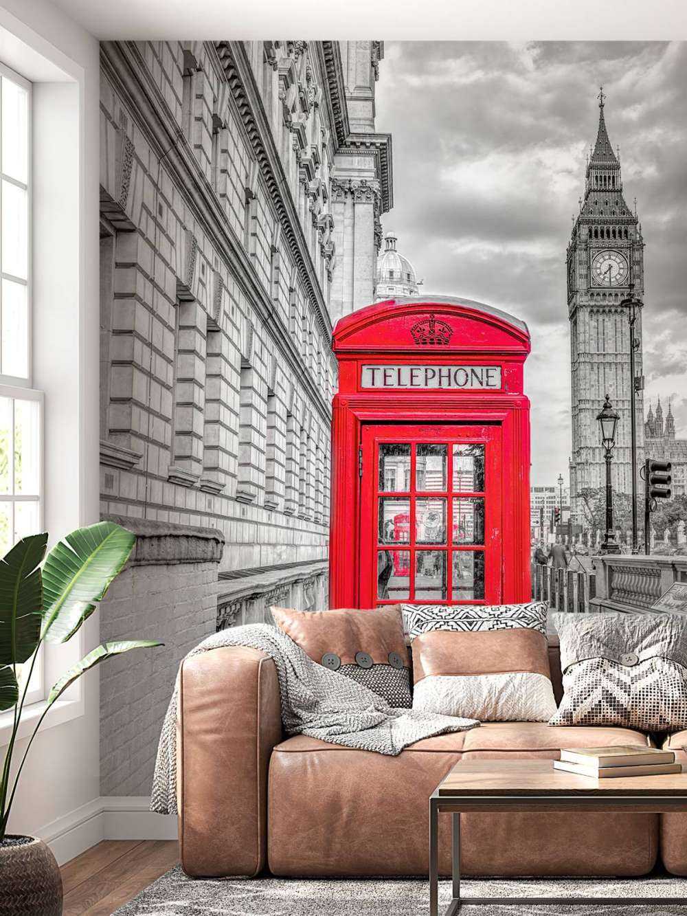 Telephone booth with Big Ben, London, UK