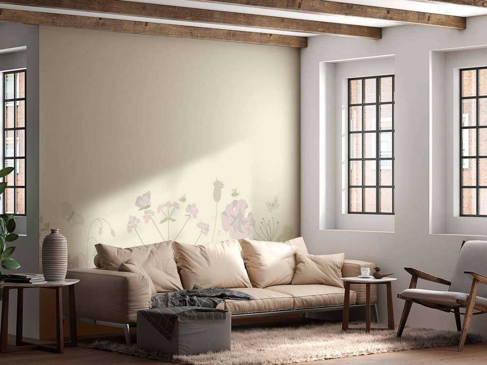 Field of flowers with butterflies beige and old pink