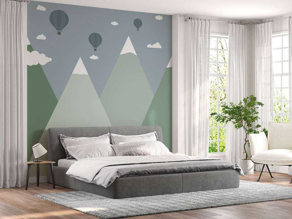 Mountain landscape with hot air balloons
