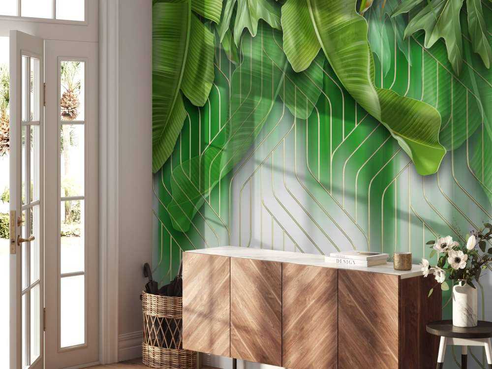 Golden lines effect with green leaves