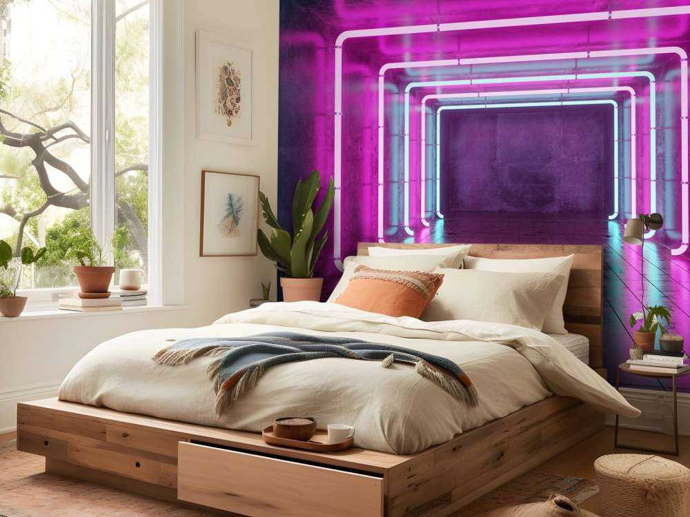 Concrete room with neon lights