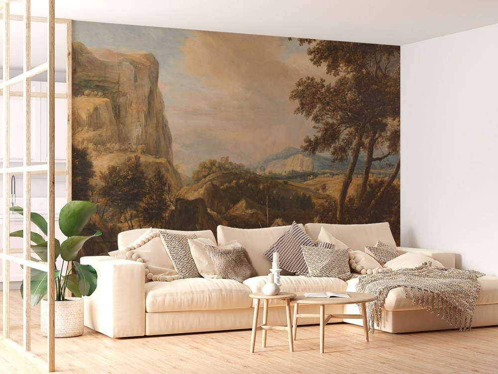 Mountainous landscape with fisherman