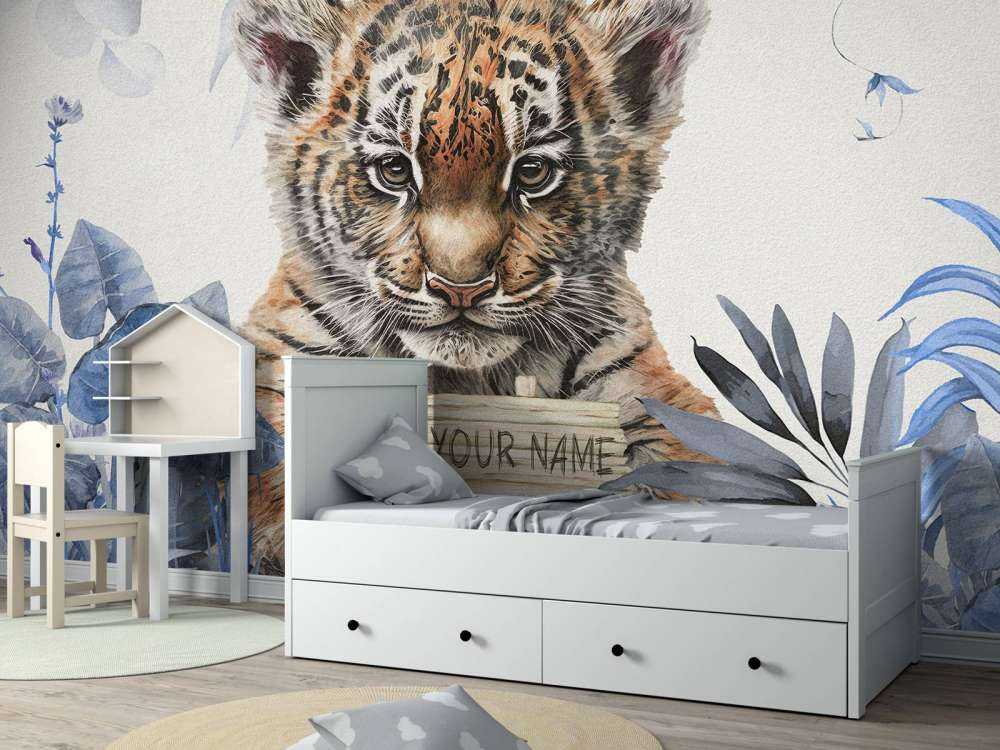 Cute tiger with plants blue