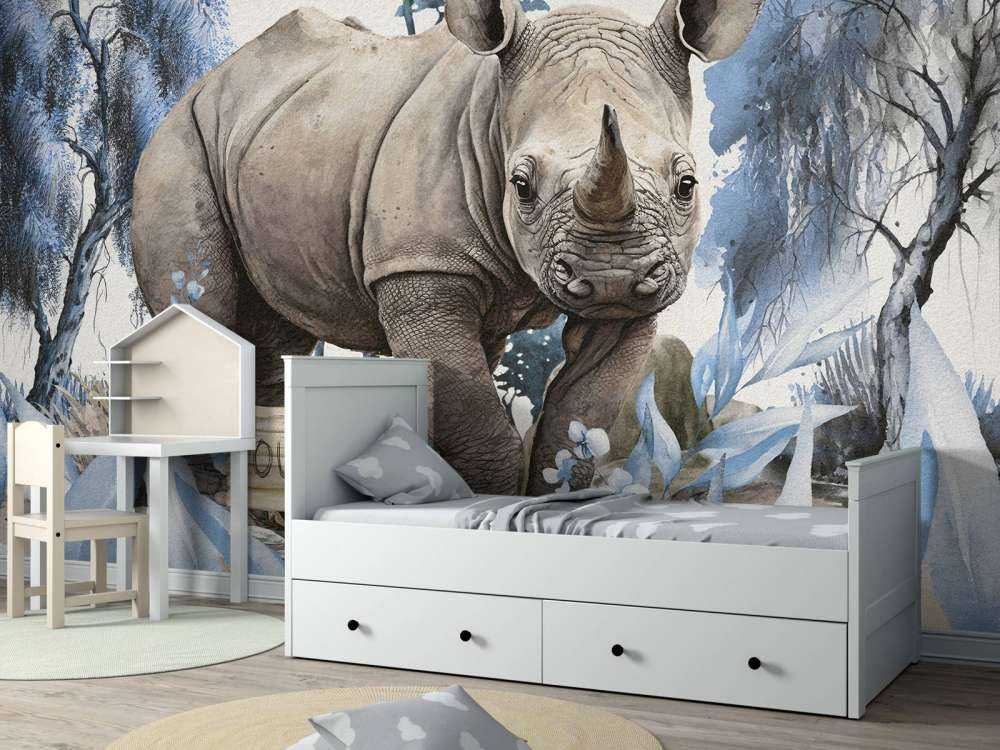 Baby rhino on the savannah blue
