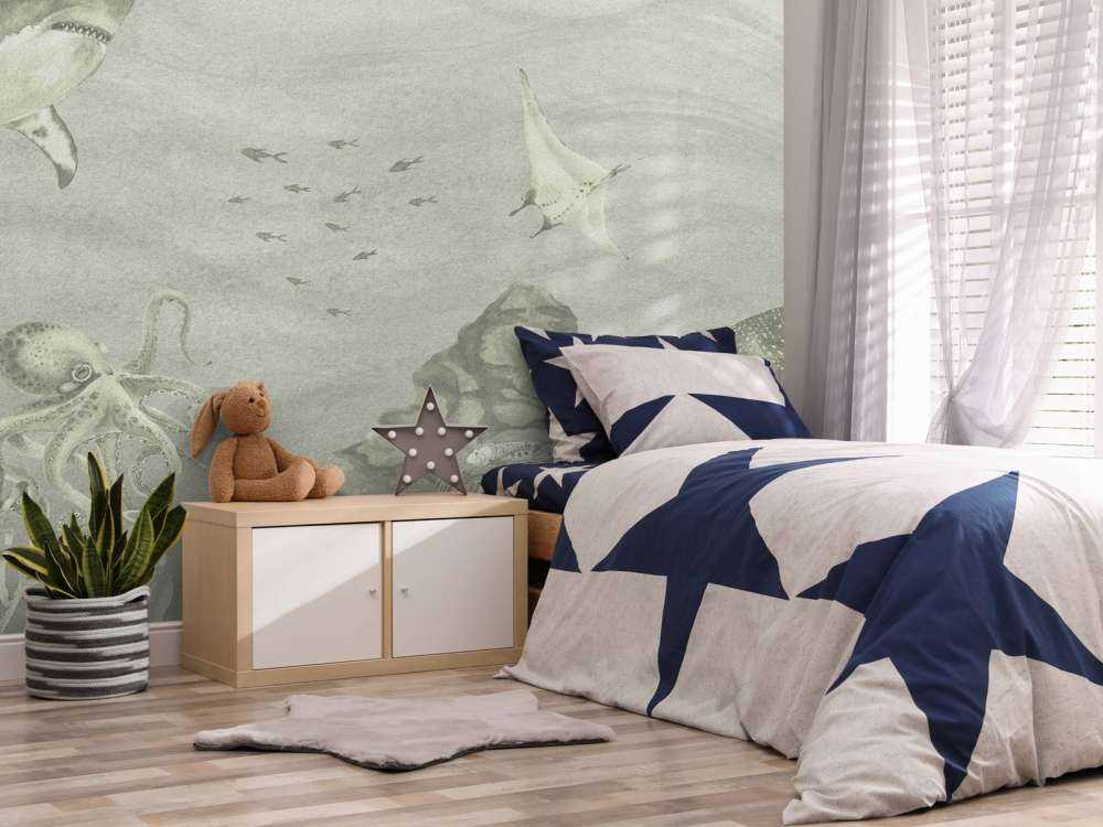 Underwater world with sharks in green