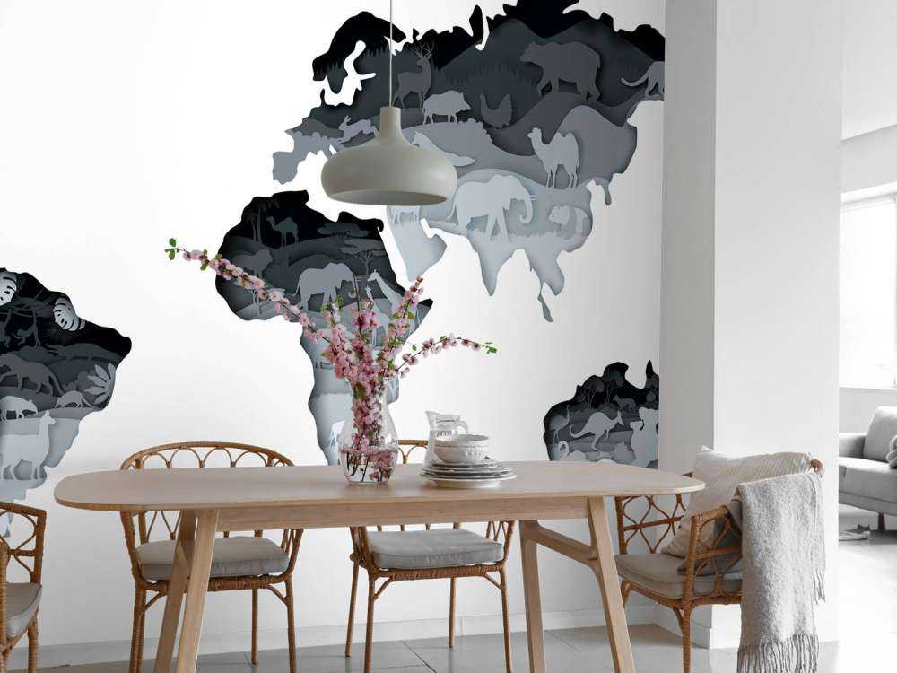 Dieren wereldkaart grijs tinten