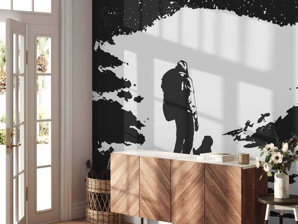 Reiziger met hond zwart-wit