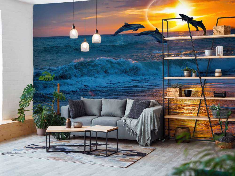 Dolphins with sunset