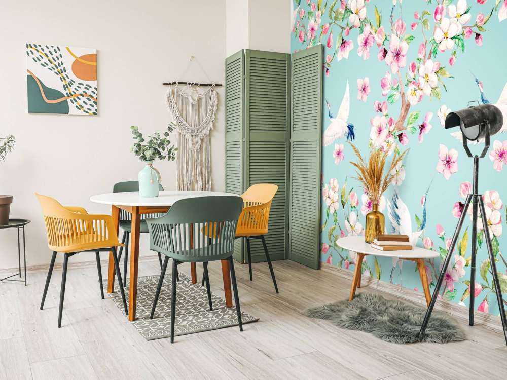 Cranes between pink flowers