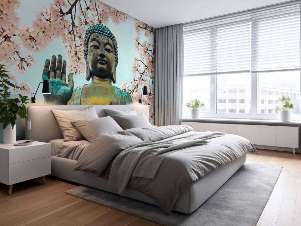 Buddha surrounded with cherry flowers