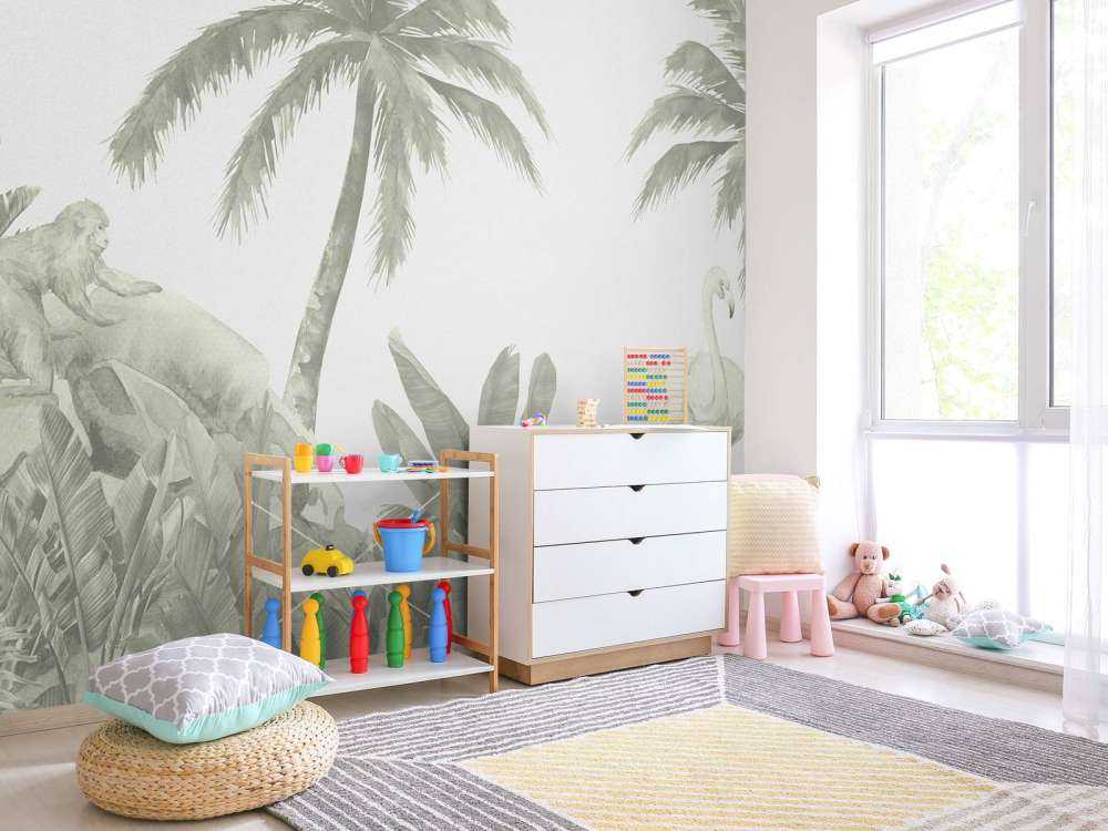 Monkeys and flamingos in green