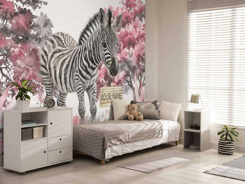 Young zebra in the wild pink