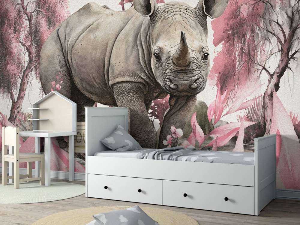 Baby rhino on the savannah pink