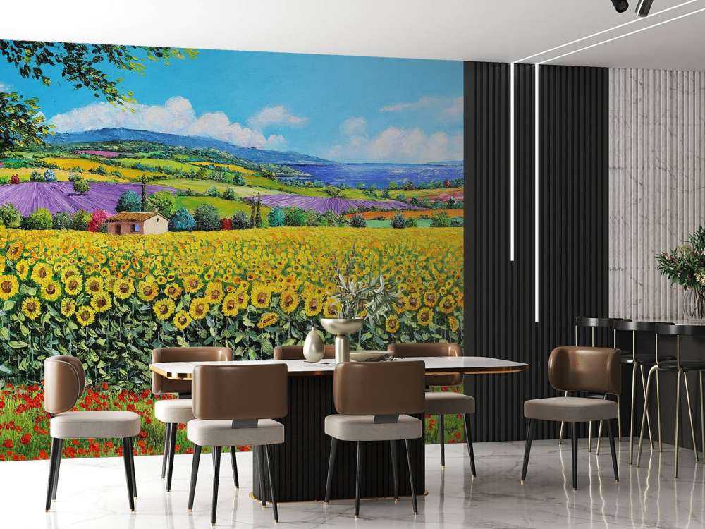 sunflowers, lavender, and sea