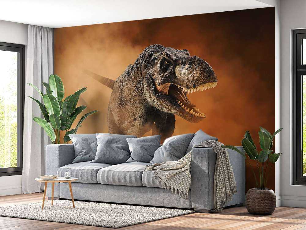 Tyrannosaurus walking through smoke