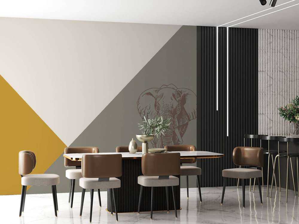 Triangles in ochre yellow and green with elephant