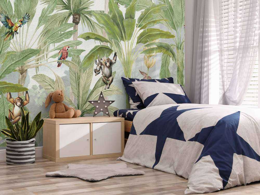 Jungle with monkeys and parrots in color