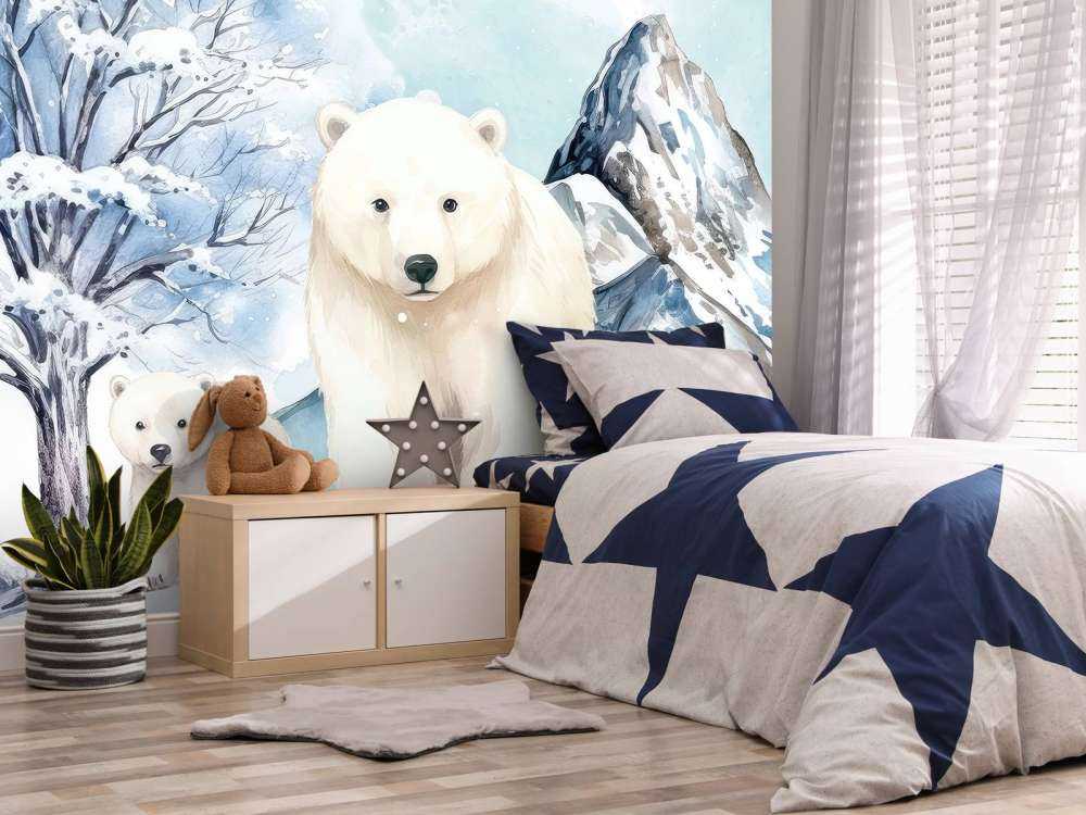 Polar bears in winter mountains