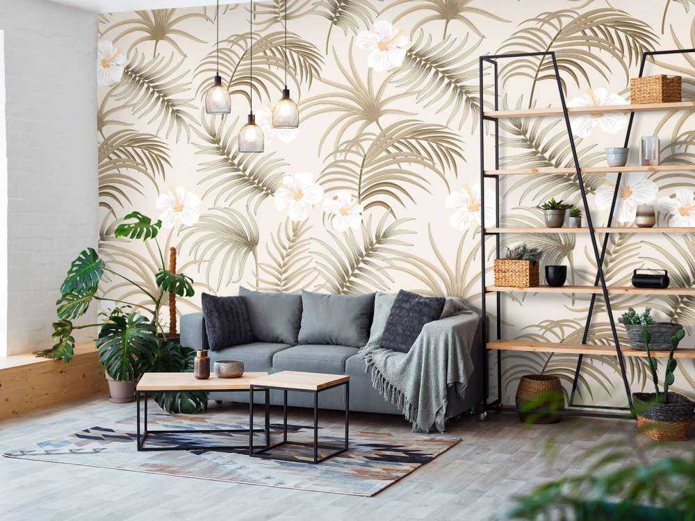 Palm tree leaves and flowers