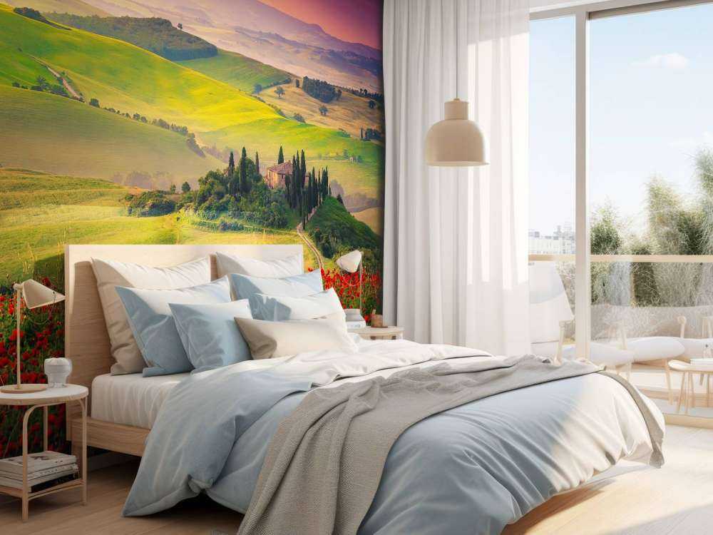 Red poppies with Italian landscape