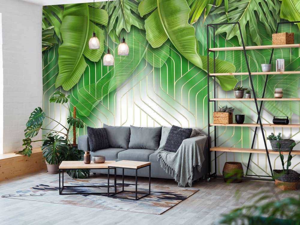 Golden lines effect with green leaves