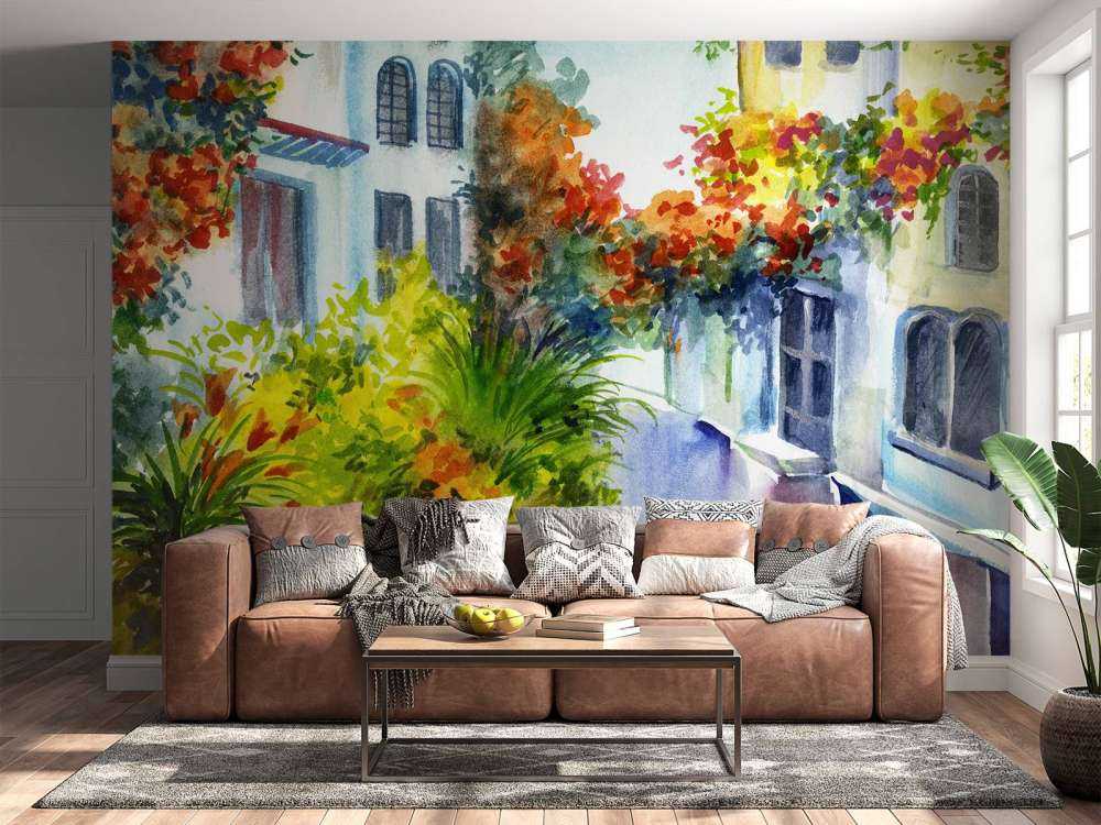 Watercolor flowers and buildings