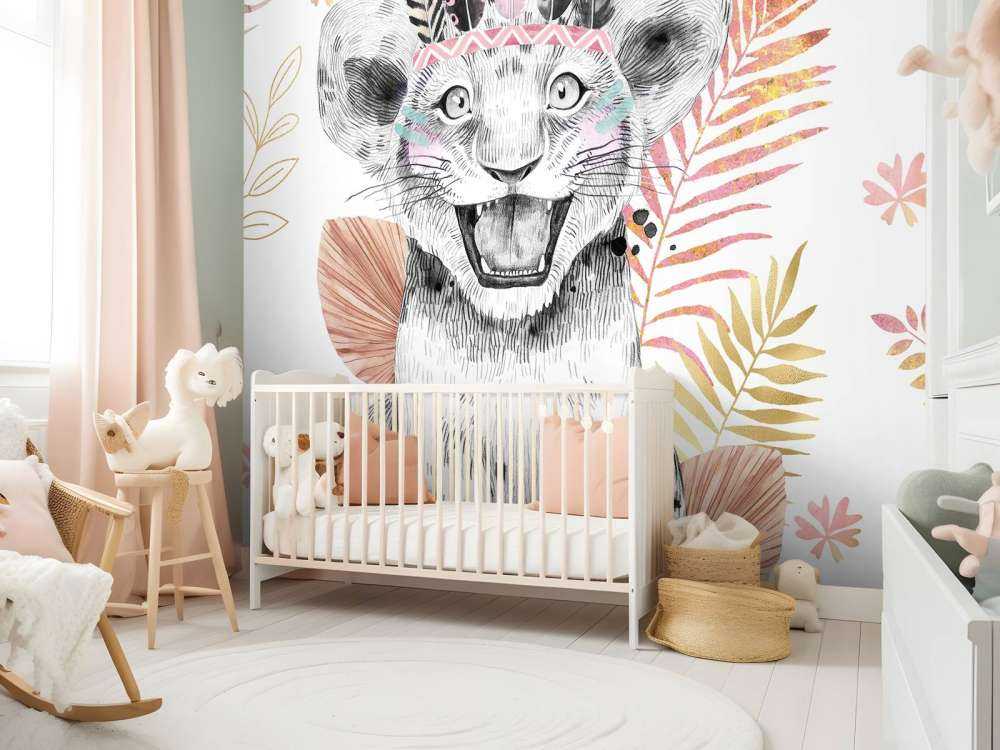Baby lioness with coral pink and gold leaves