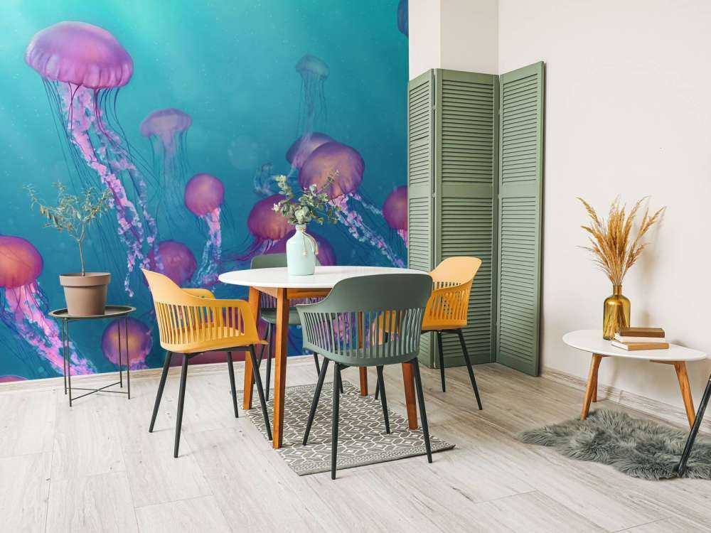 Pink jellyfish in blue sea