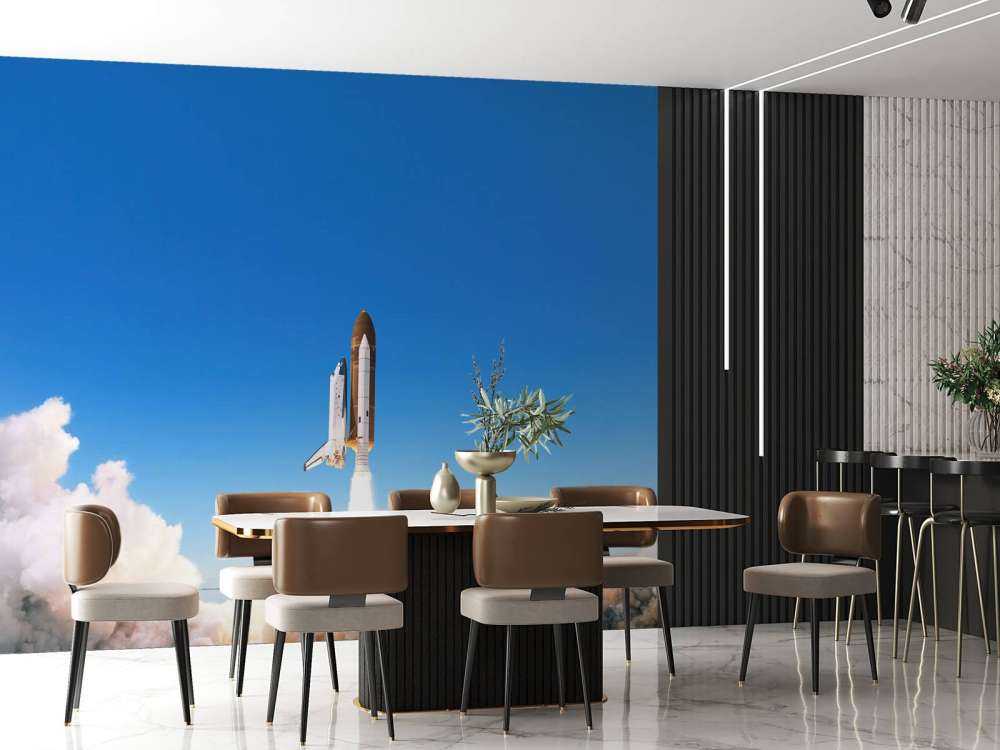 Space Shuttle stijgt op met rookwolk