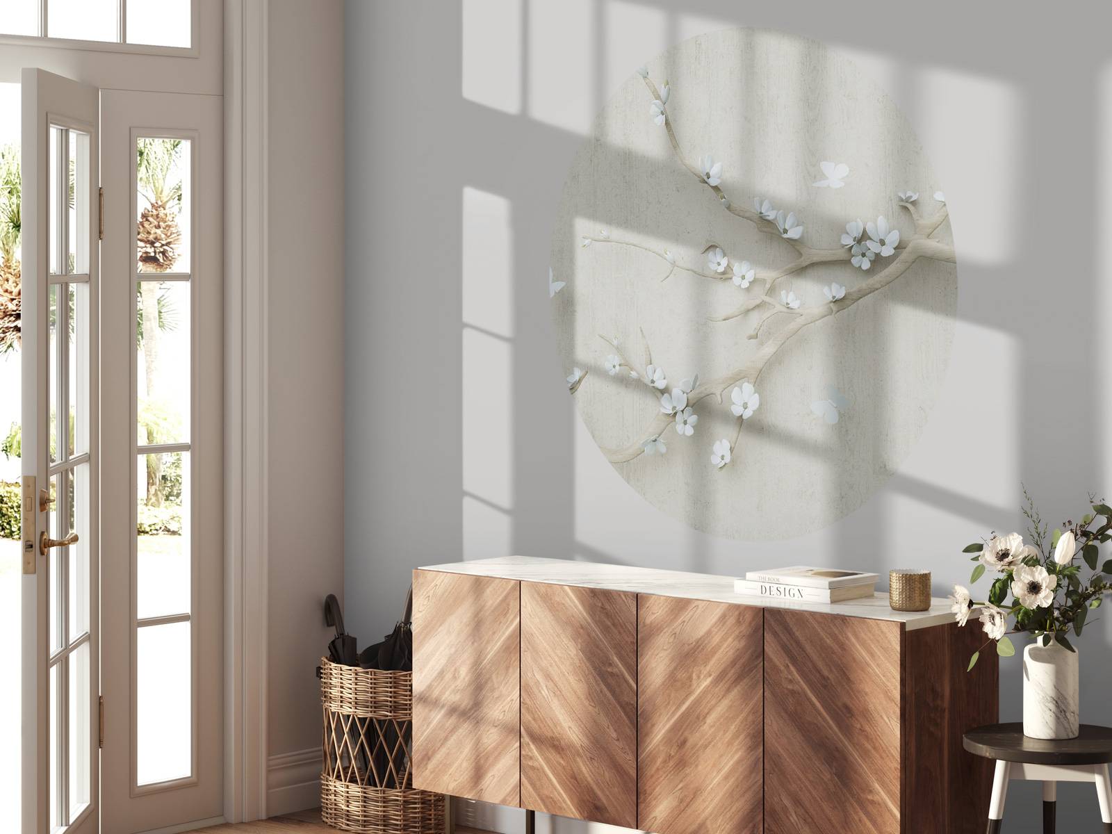 Branch with white flowers on wooden background