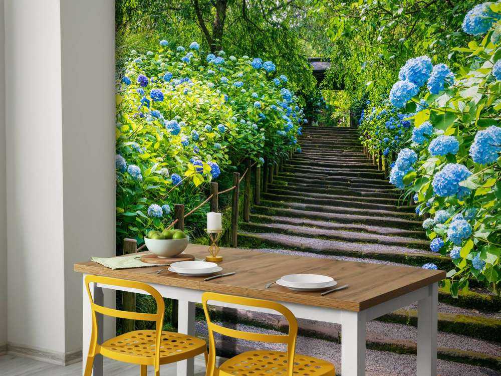 Stairs between hydrangeas