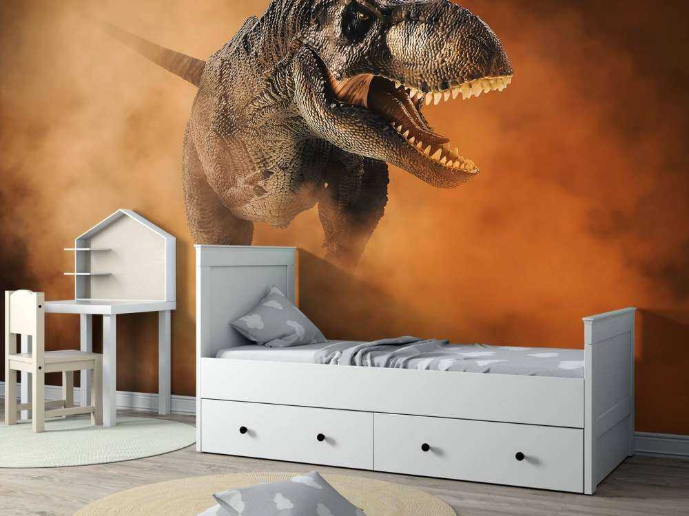 Tyrannosaurus walking through smoke