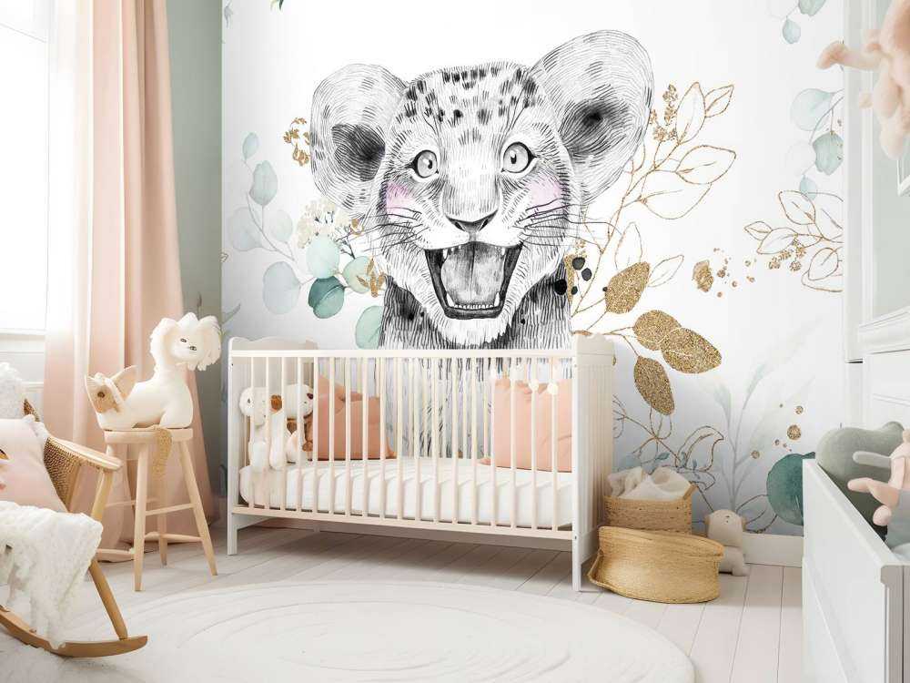 Baby lion with mint leaves