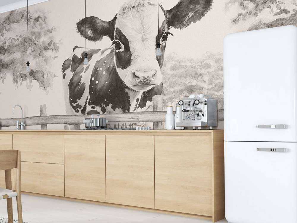 Baby cow in a field beige