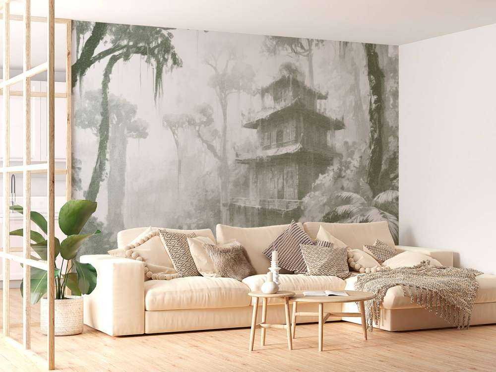 Hidden Hut in Misty Forest, green