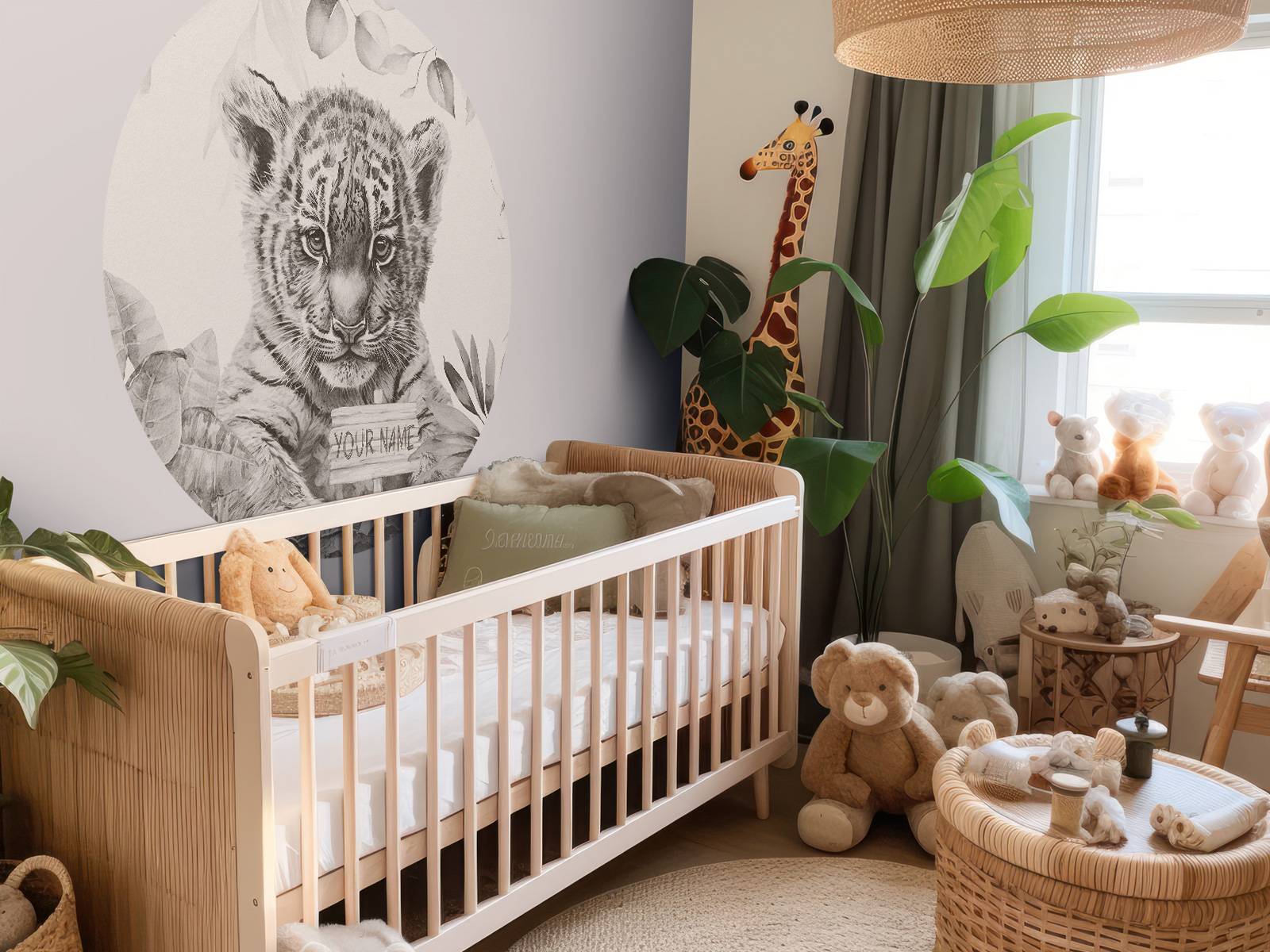 Cute tiger with plants beige
