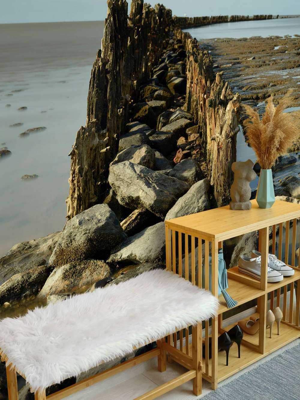 Breakwater of wood and stone