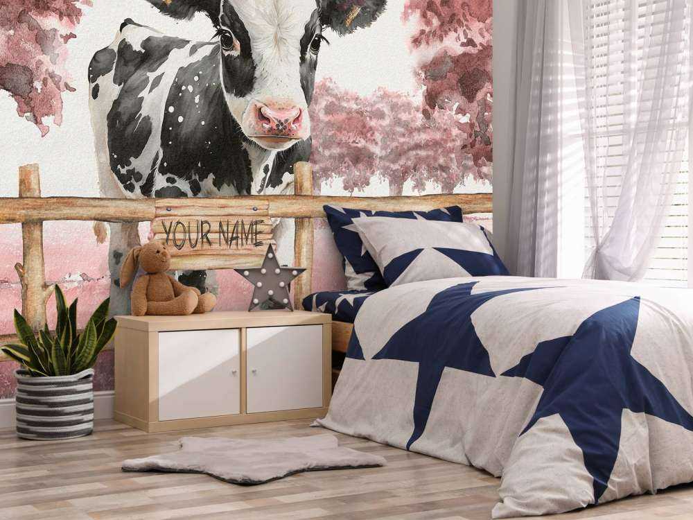 Young cow in a meadow pink