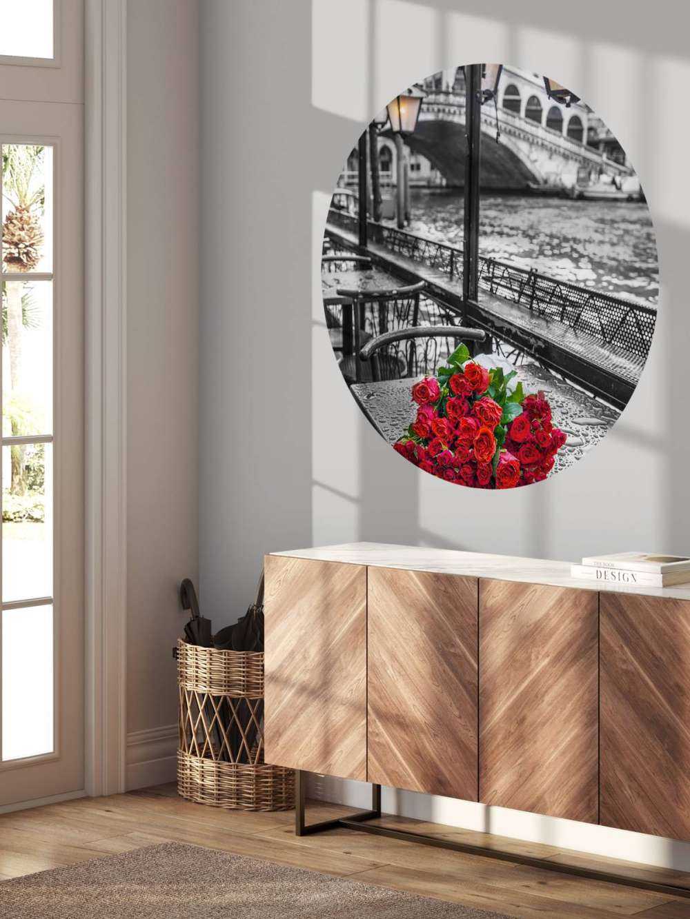 Bunch of red roses on street cafe table, Rialto Bridge, Venice, Italy