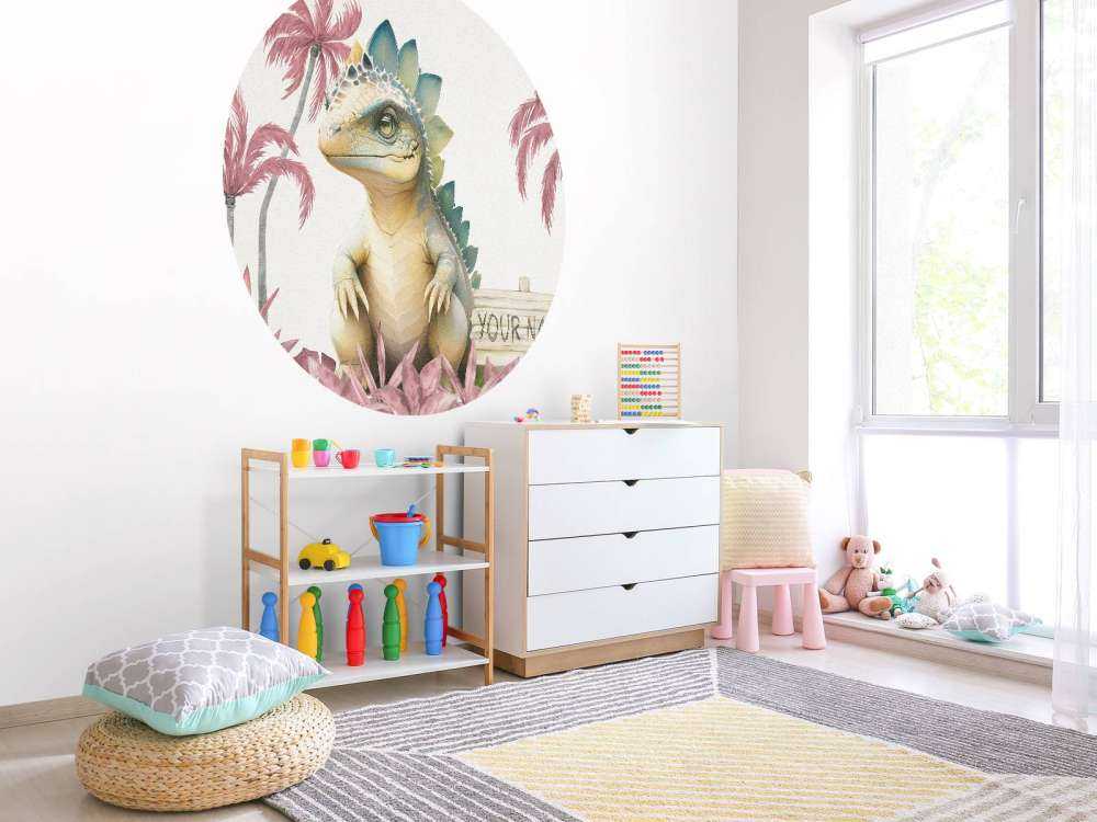 Baby stegosaurus in the pink jungle