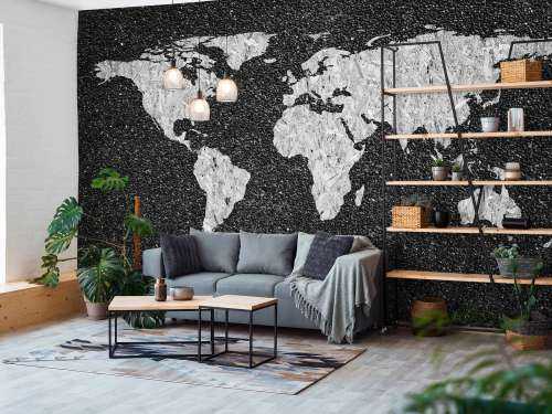 White world map on black background