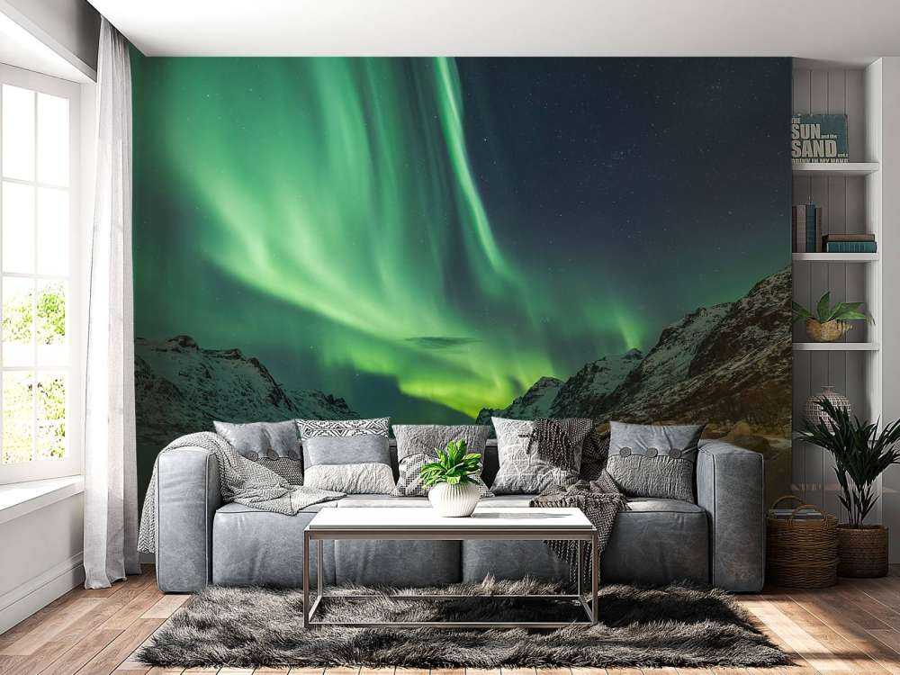 Northern lights between two fjords