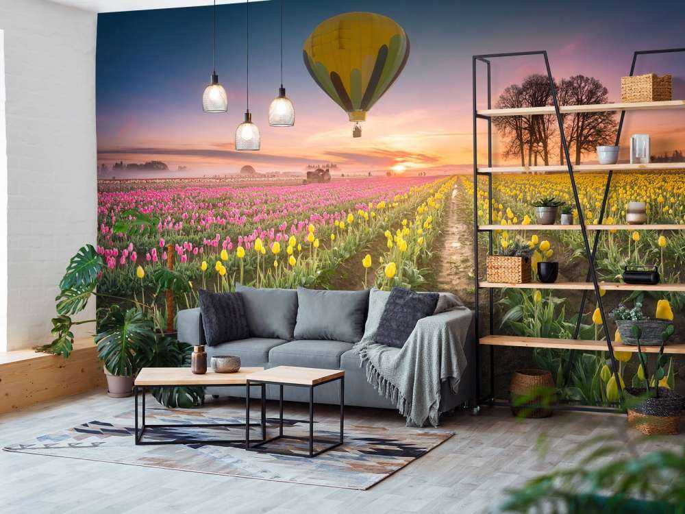 Pink yellow tulip field