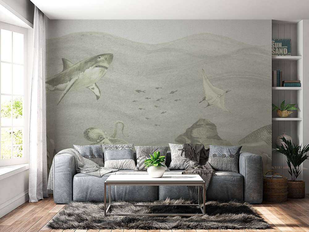 Underwater world with sharks in green