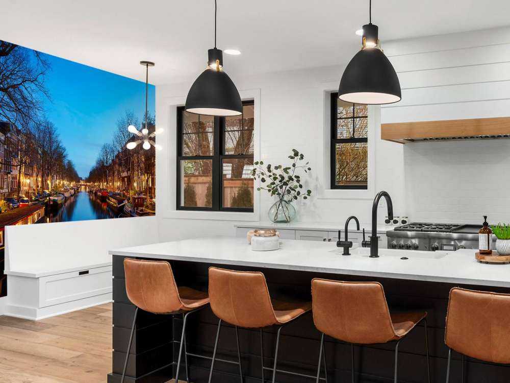 Houseboats along illuminated canal