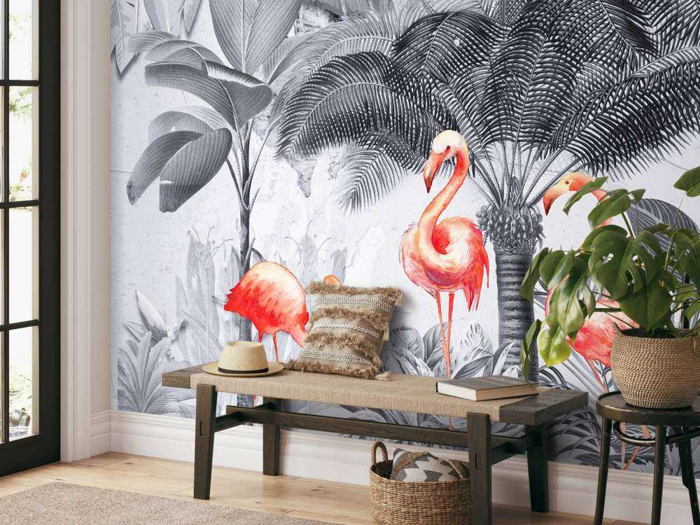 Jungle with flamingos