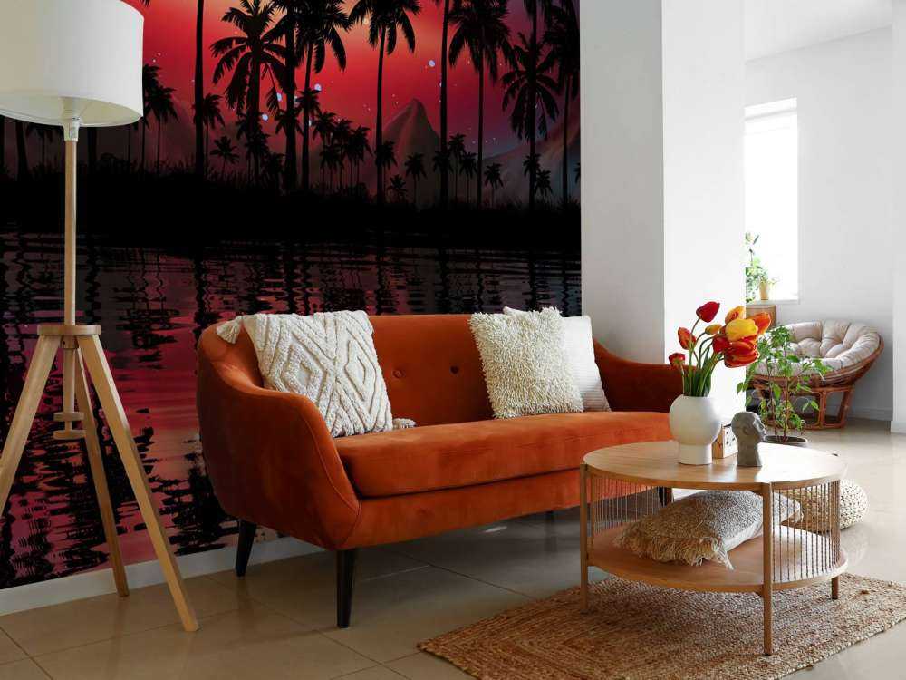 Palm trees in red sky