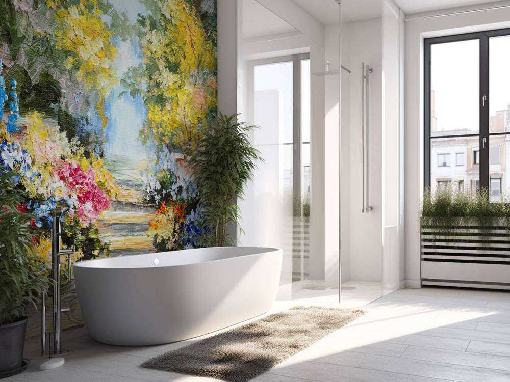 Olieverfschilderij van een parkje met bloemen